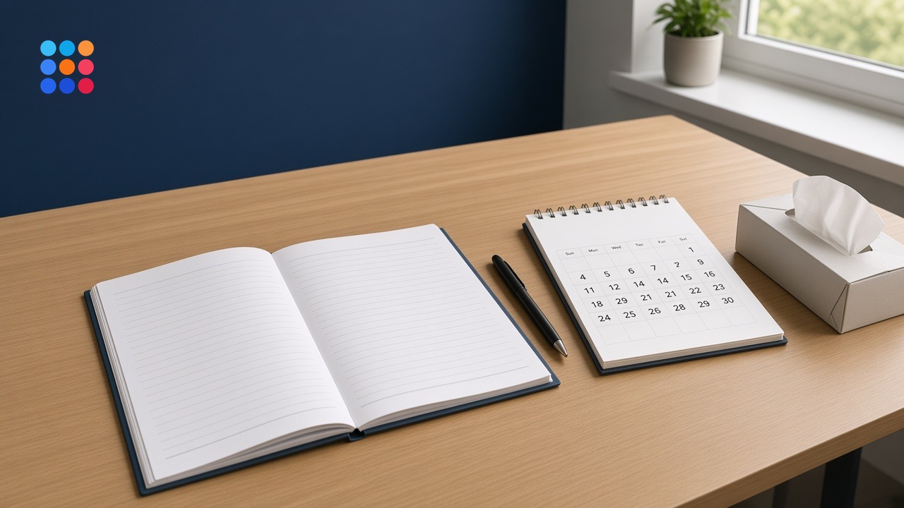 A school office desk with an open attendance register, a calendar open at the end of September, a box of tissues, and a small NAfSA colour-dot mark in the top-left corner.
