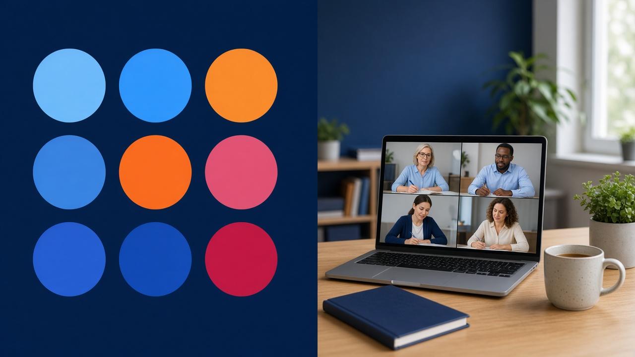 A laptop on a school-office desk showing a video meeting of attendance colleagues, with the NAfSA colour-dot mark beside it.